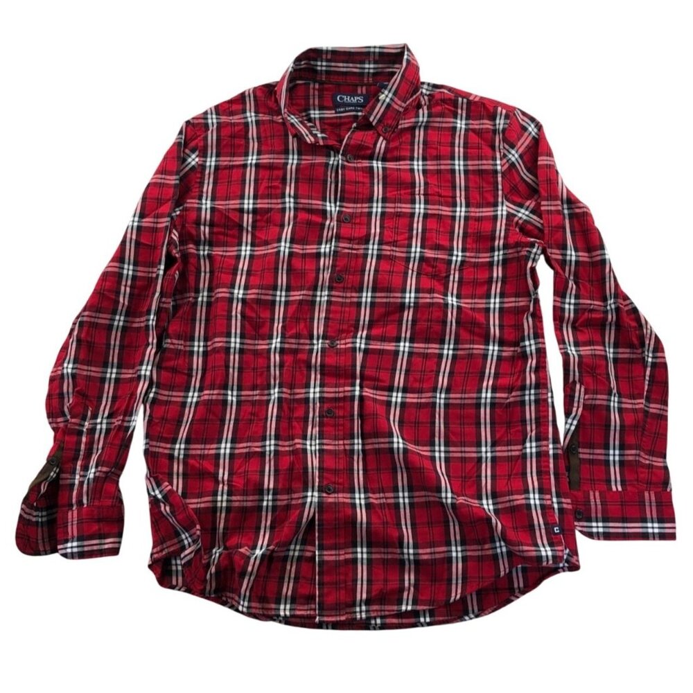 Chaps Mens Shirt Large Red Plaid Long Sleeve Button-Down Western Casual Classic